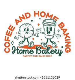 Bakery and coffee shop promo banner flyer signboard logo template. Retro cookie and coffe to go mascot