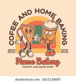 Bakery and coffee shop promo banner flyer logo template. Retro mascot of cake and coffe to go