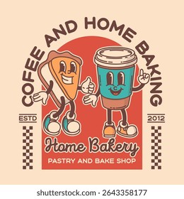 Bakery and coffee shop promo banner flyer signboard logo template. Retro pie and coffe to go mascot