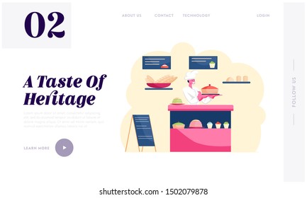 Bakery Coffee Shop Website Landing Page. Baker Wearing White Uniform Stand at Showcase with Sweet Production Assortment Holding on Tray Big Pastry Cake Web Page Banner. Flat Vector Illustration