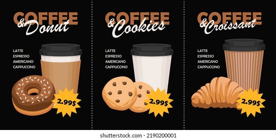 Bakery with coffee special offer vector menu template on black background. Donut, cookies, croissant, coffee to-go. 