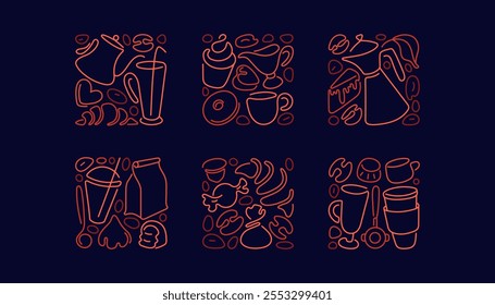 Bakery and coffee, tea, cacao. Abstract line pattern. Hand drawn illustration for cover design, food package, menu. Geometrical composition of espresso, americano, cappuccino, paper mug, glass