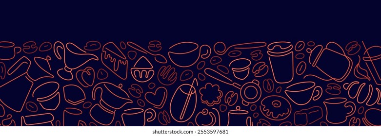 Bakery and coffee, tea, cacao pattern. Abstract line banner. Hand drawn illustration for cover design, food package, menu. Vector vintage composition of espresso, americano, cappuccino, paper glass