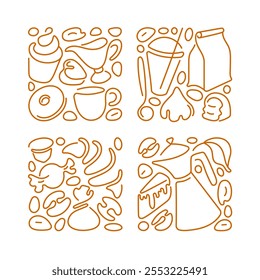 Bakery and coffee, tea, cocoa. Abstract line pattern. Hand drawn illustration for cover design, food package, menu, flyer back. Geometrical shape composition of pot, paper bag, grinder, takeaway cup