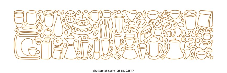 Bakery and coffee, tea, cocoa. Abstract line print. Simple vector illustration for cover design, food package, menu, flyer back. Horizontal composition of pot, paper bag, grinder, takeaway cup