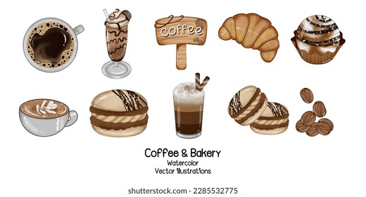 Panadería con ilustraciones vectoriales de color de agua de café