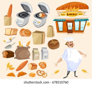 Bakery collection. Baker bakes, bread and buns, bread machine 