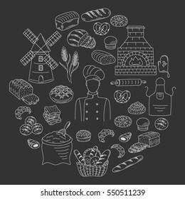 Bakery collection with baker in chief uniform, old brick oven, various sorts of bread, croissant, pretzel, french baguette, rolls, bagels, mill, flour bag. Doodle style vector illustrations isolated.