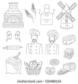 Bakery collection with bakers in chief uniforms, old brick oven, wheat, mill, flour, kitchen apron and gloves, basket of various bread. Hand drawn doodle style vector illustrations isolated on white.