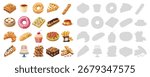 Bakery collection with bread, pastry, cake, cookie, and sweet dessert, colorful traditional baked goods, delicious food illustration, detailed vector design