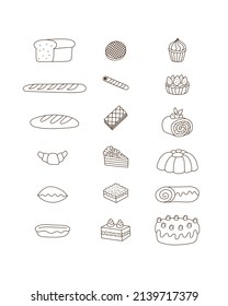 Bakery collection bread and sweet cake doodle outline illustration