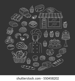 Bakery collection with female baker in chief uniform, bakery shop and fresh  pastry collection with various sorts of breads and cakes. Hand drawn doodle style vector illustrations isolated on black.