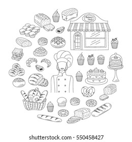 Bakery collection with female baker in chief uniform, bakery shop and fresh  pastry collection with various sorts of breads and cakes. Hand drawn doodle style vector illustrations isolated on white.
