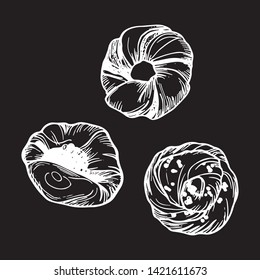 Bakery collection vector illustration. Hand drawn detailed ink illustration. Elements for design menu, package, poster. Silhouette set of bakery designed for print, packing, booklet or poster design. 