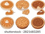 Bakery collection with whole pumpkin pie apple tart and pecan dessert. Sweet autumn treats for holiday celebration.