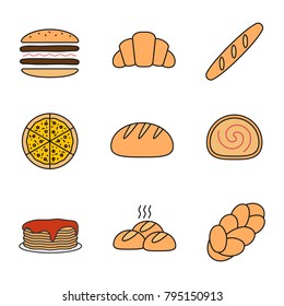 Bakery color icon. Burger, croissant, baguette, pizza, round bread, swiss roll, pancakes, rolls, challah. Isolated vector illustration