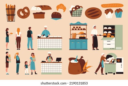 Bakery color icon set different bakery attributes flour baked goods customers a counter with vendors and an oven for cooking vector illustration