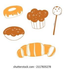 Bakery colored doodle set pattern with pastry. Cakes, donuts, buns and croissants.
