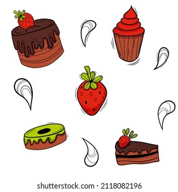 Bakery colored doodle set pattern with pastry. Cakes, donuts, buns and strawberry.