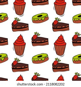 La panadería es un patrón sin costuras con pastelería. Pasteles, donuts, panecillos y fresas.