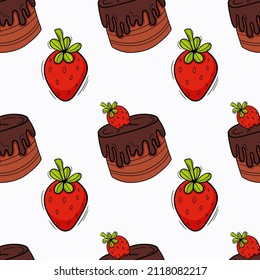 Bakery colored seamless pattern with pastry. Cakes, donuts, buns and strawberries.