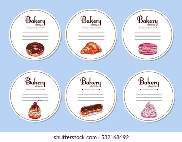 Bakery. Colorful collection of labels. Vector hand drawn illustration. Isolated objects. Design template