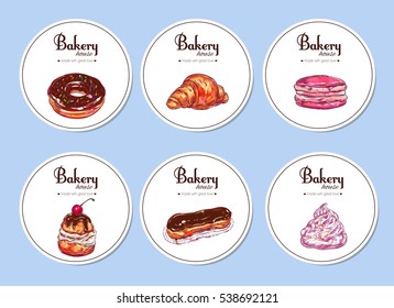 Bakery. Colorful collection of labels. Vector hand drawn illustration. Isolated objects. Design template