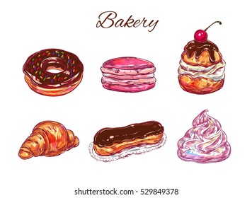 Bakery. Colorful  collection. Vector hand drawn illustration. Isolated objects