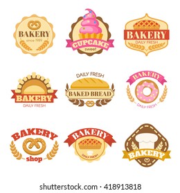 Bakery colorful flat emblems with wheat pie cupcake bagel bread donut and inscriptions isolated vector illustration 