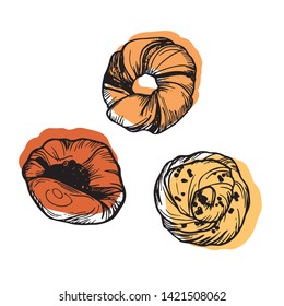 Bakery colorful set vector illustration. Hand drawn detailed ink illustration. Elements for design menu, package, poster. 