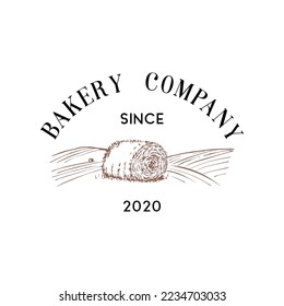 Bakery Company, logo with hay bale illustration in vector, typographic poster, bread vintage emblem, label 