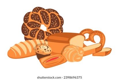 Bakery composition. Different types of bread. Baguette, fresh croissant and bagel. traditional pretzel and pie. Shop icon and label, menu cover. Healthy food cartoon flat isolated vector illustration