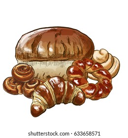 Bakery composition, full color hand drawn vector illustration