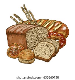 Bakery composition, full color hand drawn vector illustration