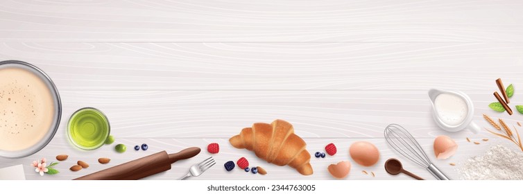 Bakery composition with realistic isolated images of berries egg shells croissant spices and various kitchen utensils vector illustration