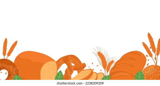 Bakery concept. Banner with various kinds of bread stuffed. Bread rolls, bagel, bread and pretzel top view. Isolated on white background. Vector illustration