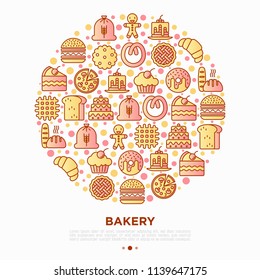 Bakery concept in circle with thin line icons: toast bread, pancakes, flour, croissant, donut, pretzel, cookies, gingerbread man, cupcake, burger, apple pie. Vector illustration, print media template.
