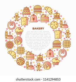 Bakery concept in circle with thin line icons: toast bread, pancakes, flour, croissant, donut, pretzel, cookies, gingerbread man, cupcake, pizza, waffle. Vector illustration, print media template.