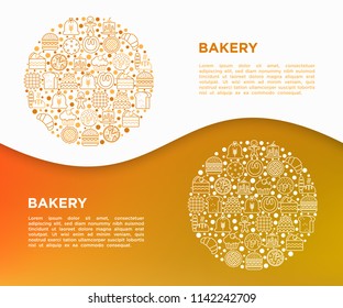 Bakery concept in circle with thin line icons: toast bread, pancakes, flour, croissant, donut, pretzel, cookies, gingerbread man, cupcake, burger. Modern vector illustration, print media template.