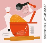 Bakery concept. Cooking cookies, cakes, pastry, dough recipe. Kitchen utensils, ingredients. Kitchenware for cooking and baking. Flat vector illustration. Trendy abstract style. Cartoon vintage style.