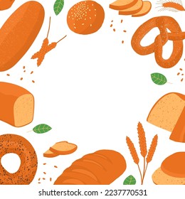 Bakery concept. Frame with various kinds of bread stuffed. Bread rolls, bagel, bread and pretzel top view. Isolated on white background. Vector illustration