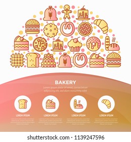 Bakery concept in half circle with thin line icons: toast bread, pancakes, flour, croissant, donut, pretzel, cookies, gingerbread man, cupcake, burger. Vector illustration, print media template.