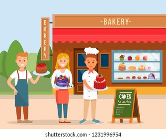 Bakery Concept. Homemade Bakery, Order and Cake Delivery. Bakery Shop Building Facade. Showcase with Sweets, Cakes and Cupcakes. Modern Fresh Baking and Cake Decoration. Vector Flat Illustration.