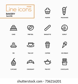 Bakery concept - line design icons set. Everything about tasty pastry, dessert. Muffin, milkshake, cake, pretzel, baguette, donut, pie, tea cup, coffee, ice cream, cupcake, croissant, pot, chocolate