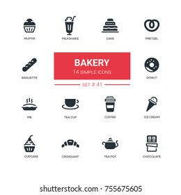 Bakery concept - line design icons set. Everything about tasty pastry, dessert. Muffin, milkshake, cake, pretzel, baguette, donut, pie, tea cup, coffee, ice cream, cupcake, croissant, pot, chocolate