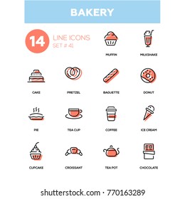 Bäckereikonzept - Line Design Icons Set. Alles über leckeres Gebäck, Nachtisch. Muffin, Milchshake, Kuchen, Brezel, Baguette, Donut, Pie, Teebecher, Kaffee, Eis, Cupcakes, Croissant, Topf, Schokolade