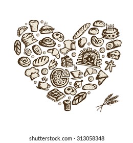 Bakery concept, love heart, sketch for your design. Vector illustration