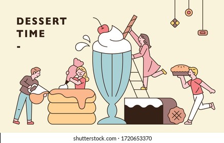 Bakery concept. People are making giant cakes and ice cream. flat design style minimal vector illustration.