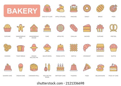 Bakery concept simple line icons set. Pack outline pictograms of strudel, donut, pancake, pizza, cupcake, cake, cookies, toast bread, waffle and other. Vector elements for mobile app and web design