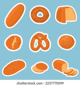 Bakery concept. Stickers with various kinds of bread stuffed. Bread rolls, bagel, bread and pretzel top view. Vector illustration